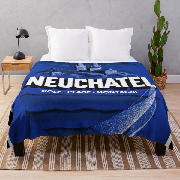 Item preview, Vintage Neuchâtel Travel Poster | Mid-Century Art Deco Style | Switzerland Scenic Beauty | Blue Palette | Golf Beach Mountain designed and sold by artofuniverse.