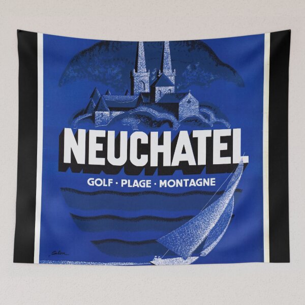 Item preview, Vintage Neuchâtel Travel Poster | Mid-Century Art Deco Style | Switzerland Scenic Beauty | Blue Palette | Golf Beach Mountain designed and sold by artofuniverse.
