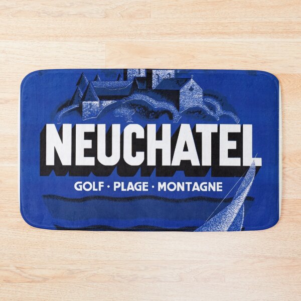 Item preview, Vintage Neuchâtel Travel Poster | Mid-Century Art Deco Style | Switzerland Scenic Beauty | Blue Palette | Golf Beach Mountain designed and sold by artofuniverse.