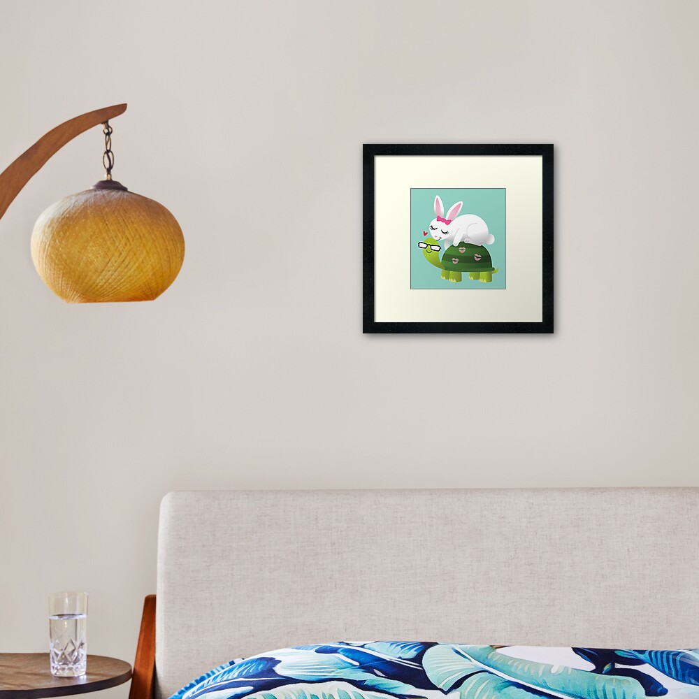 Cute Bunny and Turtle Cartoon in Love Framed Art Print