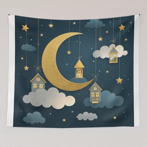 Item preview, Golden crescent moon with tiny houses designed and sold by Lucky 777.