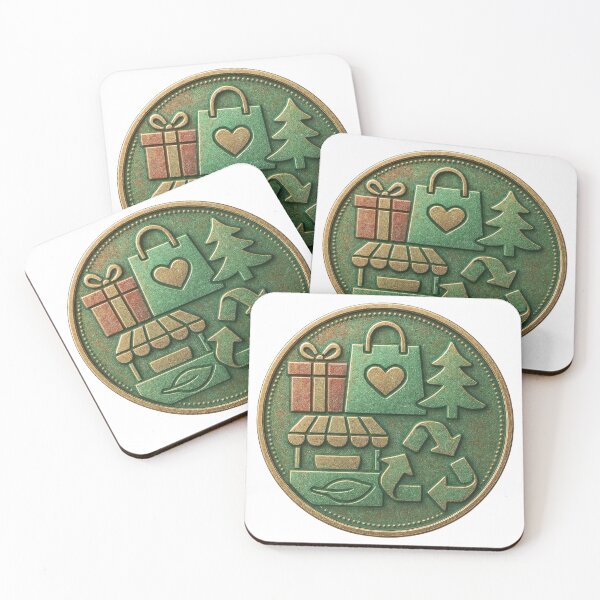 Item preview, Green and gold coin with retail and eco icons in dotted rim design designed and sold by Creative88Art.