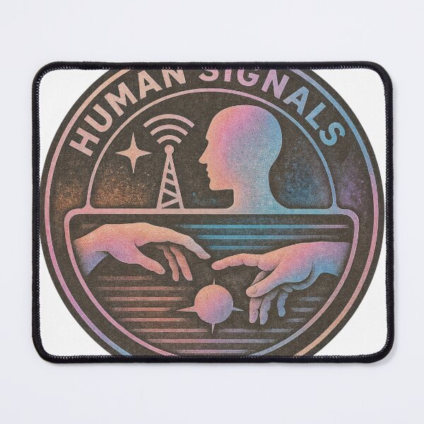 Item preview, Retro sci fi emblem with human profile, radio tower, and reaching hands designed and sold by Creative88Art.