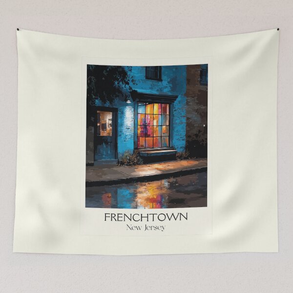 Item preview, Frenchtown New Jersey Night | Cozy Storefront Art Print designed and sold by TuncGK.