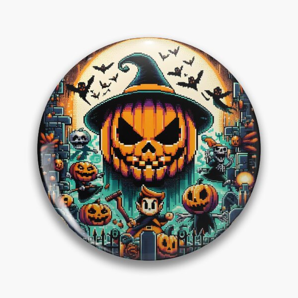 Item preview, Retro pixel Halloween scene with giant pumpkin and spooky graveyard. designed and sold by The-T-In-Retro.