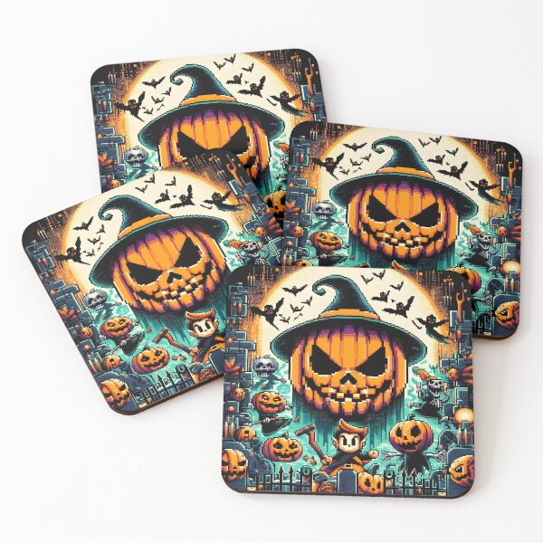 Item preview, Retro pixel Halloween scene with giant pumpkin and spooky graveyard. designed and sold by The-T-In-Retro.