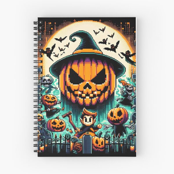 Item preview, Retro pixel Halloween scene with giant pumpkin and spooky graveyard. designed and sold by The-T-In-Retro.