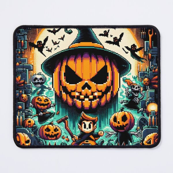 Item preview, Retro pixel Halloween scene with giant pumpkin and spooky graveyard. designed and sold by The-T-In-Retro.