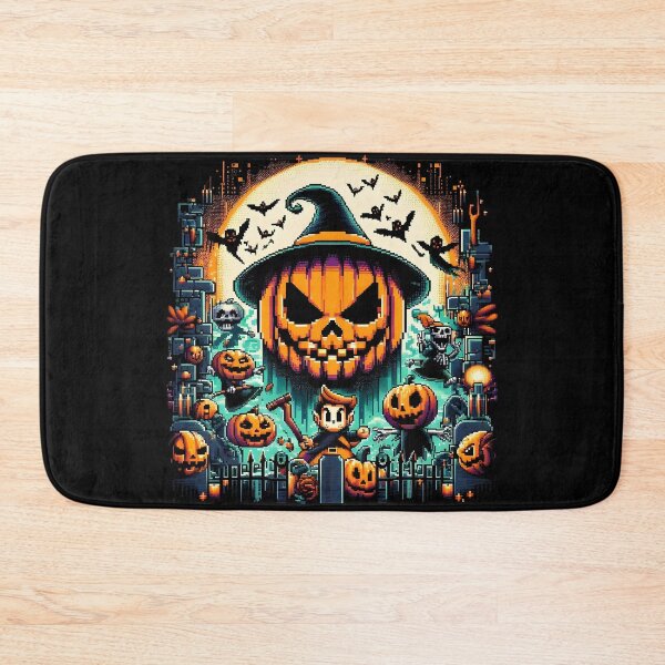 Item preview, Retro pixel Halloween scene with giant pumpkin and spooky graveyard. designed and sold by The-T-In-Retro.