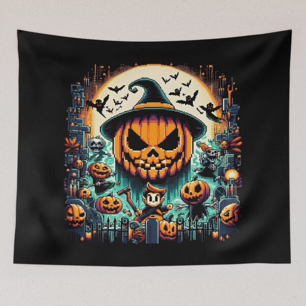 Item preview, Retro pixel Halloween scene with giant pumpkin and spooky graveyard. designed and sold by The-T-In-Retro.