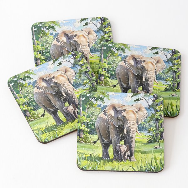 Item preview, Grey Elephant Mother and Baby – Painterly Scene with Green Trees and Blue Sky designed and sold by EmeraldeaArt.