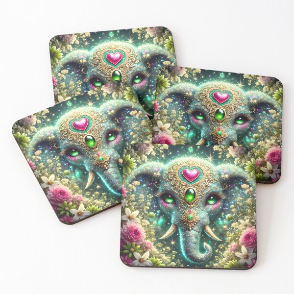 Item preview, Sparkling Green Elephant – Cute Floral Fantasy with Pink Heart and Emerald Stone designed and sold by EmeraldeaArt.