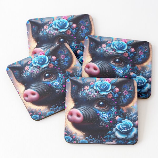 Item preview, Fantasy Black Pig with Blue Roses – Cute Floral Art for Animal Lovers designed and sold by EmeraldeaArt.