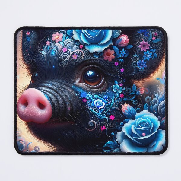 Item preview, Fantasy Black Pig with Blue Roses – Cute Floral Art for Animal Lovers designed and sold by EmeraldeaArt.
