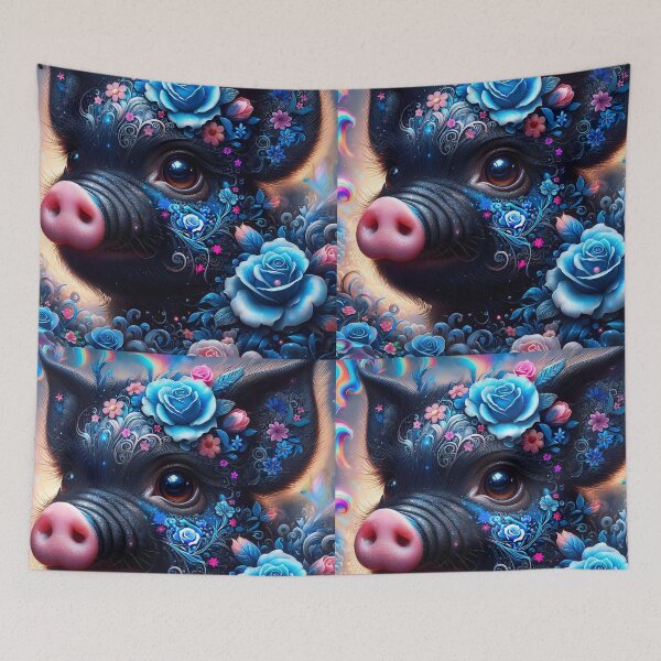 Item preview, Fantasy Black Pig with Blue Roses – Cute Floral Art for Animal Lovers designed and sold by EmeraldeaArt.