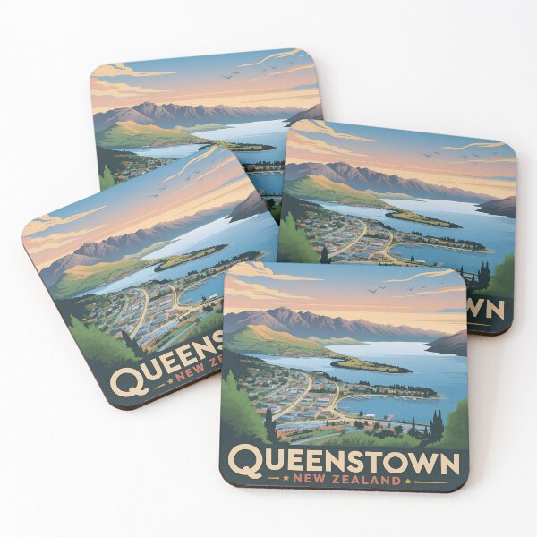 Item preview, Vintage Queenstown New Zealand Travel Poster – Scenic Lake and Mountain Landscape Illustration designed and sold by VividOrganica.