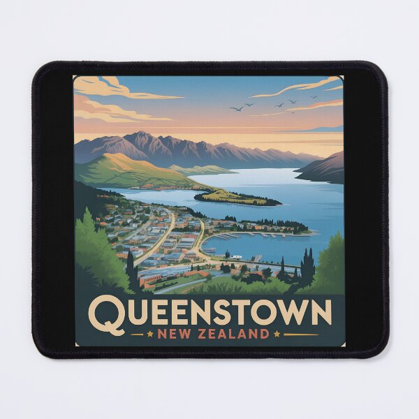 Item preview, Vintage Queenstown New Zealand Travel Poster – Scenic Lake and Mountain Landscape Illustration designed and sold by VividOrganica.