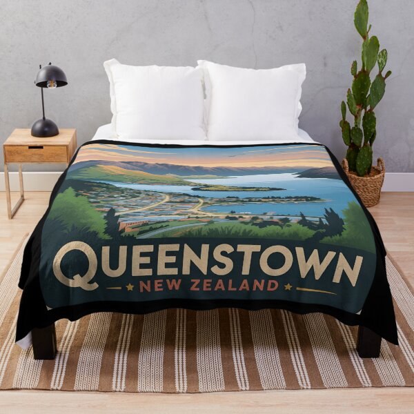 Item preview, Vintage Queenstown New Zealand Travel Poster – Scenic Lake and Mountain Landscape Illustration designed and sold by VividOrganica.