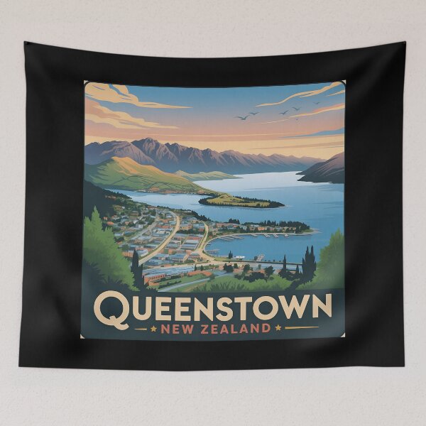 Item preview, Vintage Queenstown New Zealand Travel Poster – Scenic Lake and Mountain Landscape Illustration designed and sold by VividOrganica.