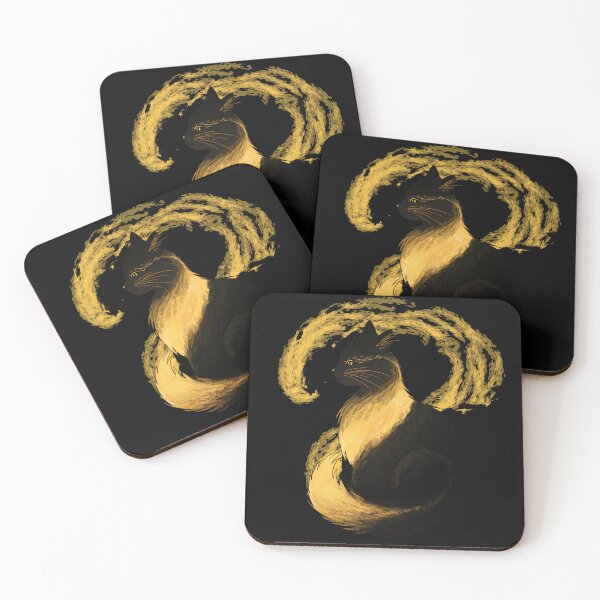 Item preview, Shimmerfur – Guardian of the Golden Light (with background) | Golden Fantasy Cat on Black designed and sold by Sumpfmaus.