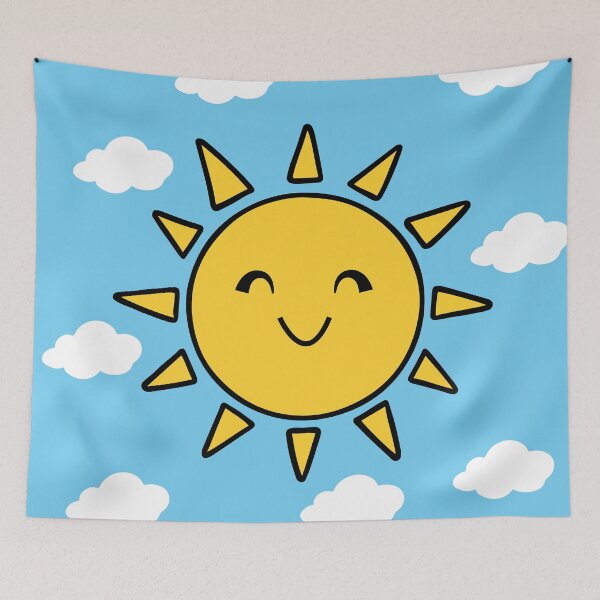 Item preview, Sun Drawing shining Smiling Cartoon vector Illustration Happy Yellow Sun with white Clouds on Blue Sky designed and sold by AtonuHaque.