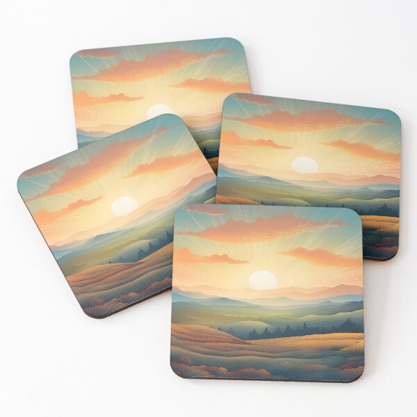 Item preview, Stylized landscape of rolling hills and layered mountains at sunset designed and sold by homydesign.