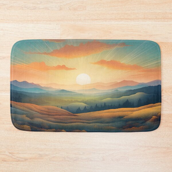 Item preview, Stylized landscape of rolling hills and layered mountains at sunset designed and sold by homydesign.