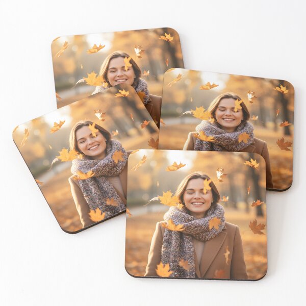 Item preview, Happy woman enjoying falling autumn leaves in a park designed and sold by homydesign.