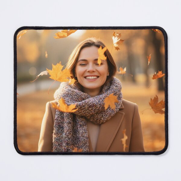 Item preview, Happy woman enjoying falling autumn leaves in a park designed and sold by homydesign.