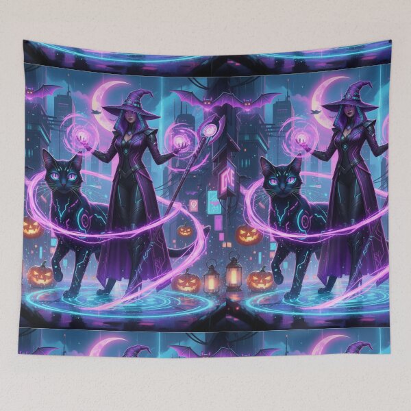 Item preview, Mystical Cyberpunk Witch and Her Cat | Futuristic Halloween Art for Witchcore & Cyber Aesthetics designed and sold by VibeCraftique.