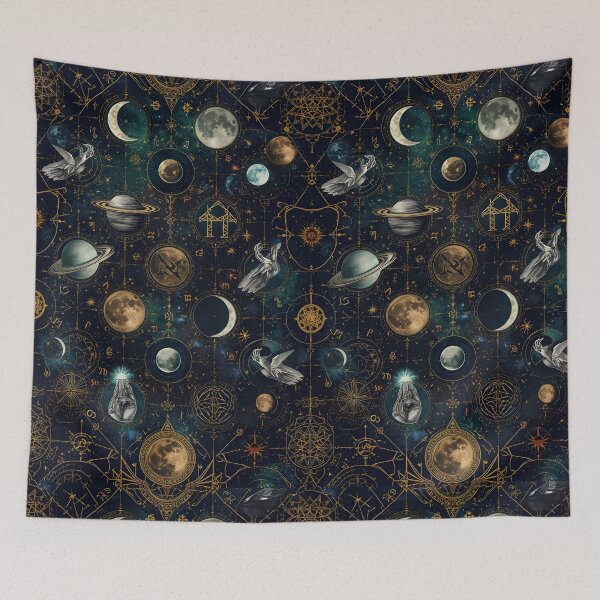 Item preview, Dark Celestial Zodiac Seamless Pattern with Moons, Planets, and Occult Hands designed and sold by MoonlitDoodles1.