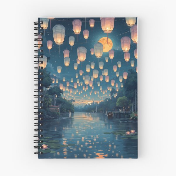 Item preview, Floating Lanterns over River – Magical Night Fantasy Illustration designed and sold by Valeree Store.