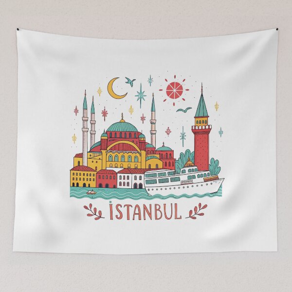 Item preview, Colorful Istanbul Cityscape - Hagia Sophia, Galata Tower & Ferry Travel Art designed and sold by asliberry.