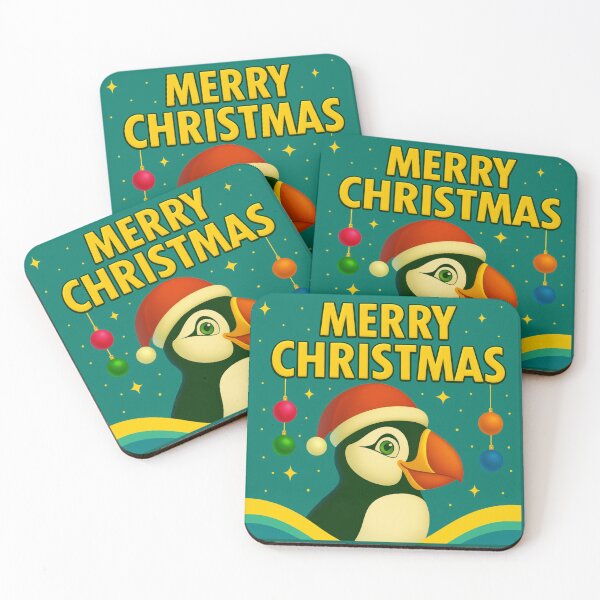 Item preview, Merry Christmas Puffin - Cute Santa Hat Puffin Illustration with Teal Ornaments Holiday Graphic designed and sold by AnTartstudios.