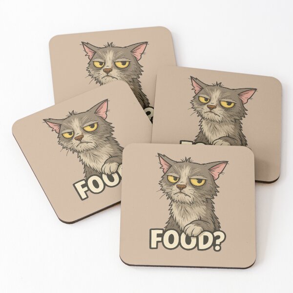 Artikelvorschau, Scruffy Rescue Cat Asking “FOOD?” – Grumpy Cute Cartoon Cat Design entworfen und verkauft von HelpHaha.