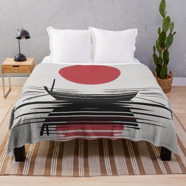 Item preview, Minimalist Japanese Boat and Red Sun — Tranquil Ukiyo-e Inspired Line Art designed and sold by Ascend777.