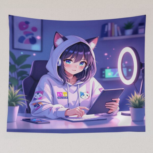 Item preview, DoledUp Gen Z Cat? at a sleek desk with LED lights – streaming vibes & digital coolness designed and sold by FotoworldEdel.
