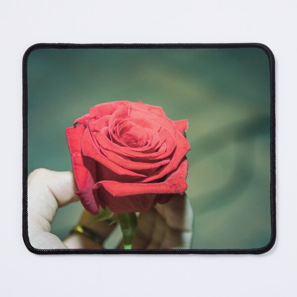 Item preview, Vibrant Deep Red Rose Held in Hand on Teal Bokeh Background designed and sold by MDB_Shop.