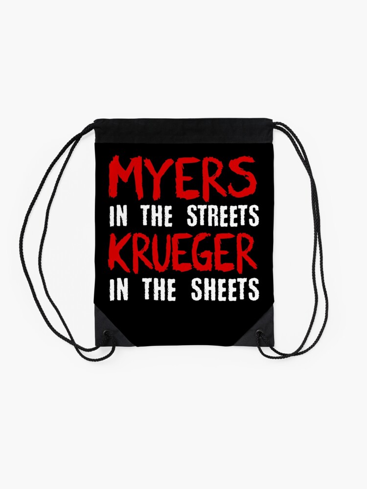 Alternate view of Myers in the streets - Krueger in the sheets Drawstring Bag