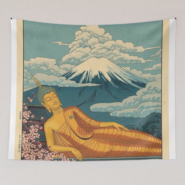 Item preview, Golden Reclining Buddha and Mount Fuji – Japanese Ukiyo-e Woodblock Fusion designed and sold by Vandy Fullam.