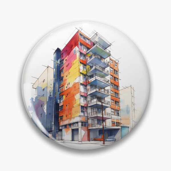Item preview, Vibrant Urban Palette: A Contemporary Watercolor Sketch of a Multi-Story Building with Colorful Balconies and Street Life designed and sold by Epsydon Designers.