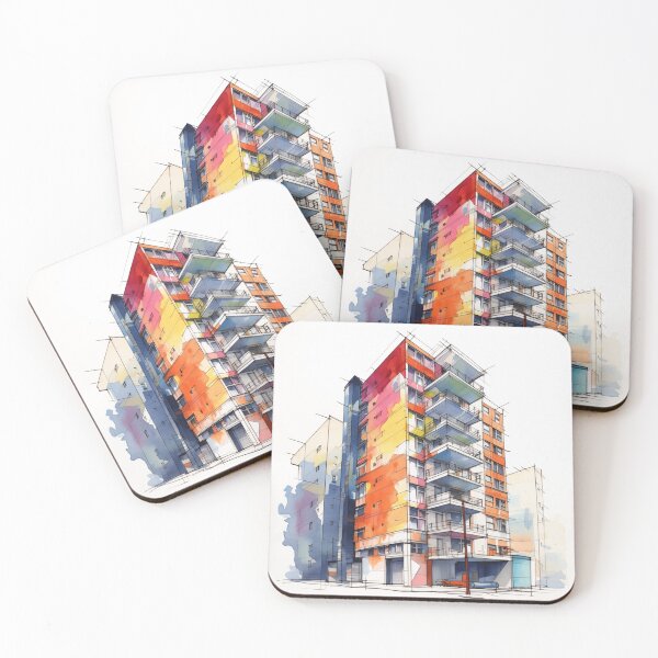 Item preview, Vibrant Urban Palette: A Contemporary Watercolor Sketch of a Multi-Story Building with Colorful Balconies and Street Life designed and sold by Epsydon Designers.