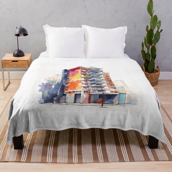 Item preview, Vibrant Urban Palette: A Contemporary Watercolor Sketch of a Multi-Story Building with Colorful Balconies and Street Life designed and sold by Epsydon Designers.
