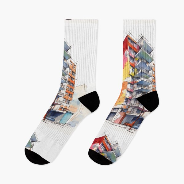 Item preview, Vibrant Urban Palette: A Contemporary Watercolor Sketch of a Multi-Story Building with Colorful Balconies and Street Life designed and sold by Epsydon Designers.