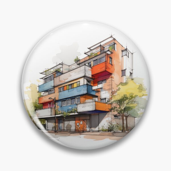 Item preview, Vibrant Urban Palette: A Contemporary Watercolor Sketch of a Multi-Story Building with Colorful Balconies and Street Life designed and sold by Epsydon Designers.