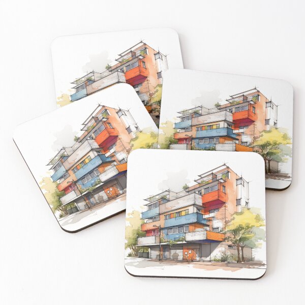 Item preview, Vibrant Urban Palette: A Contemporary Watercolor Sketch of a Multi-Story Building with Colorful Balconies and Street Life designed and sold by Epsydon Designers.