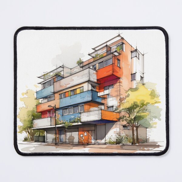 Item preview, Vibrant Urban Palette: A Contemporary Watercolor Sketch of a Multi-Story Building with Colorful Balconies and Street Life designed and sold by Epsydon Designers.