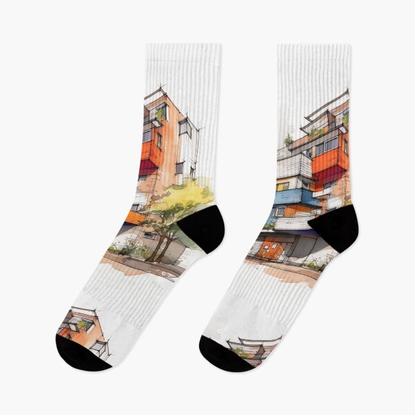 Item preview, Vibrant Urban Palette: A Contemporary Watercolor Sketch of a Multi-Story Building with Colorful Balconies and Street Life designed and sold by Epsydon Designers.