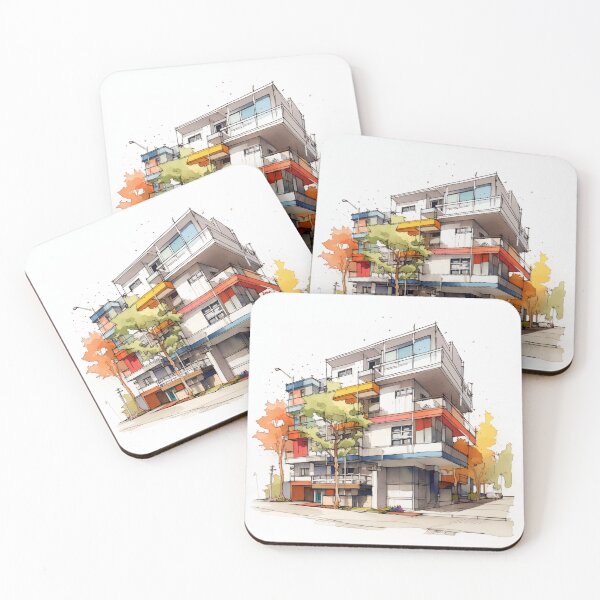 Item preview, Vibrant Urban Palette: A Contemporary Watercolor Sketch of a Multi-Story Building with Colorful Balconies and Street Life designed and sold by Epsydon Designers.
