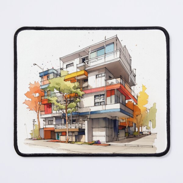 Item preview, Vibrant Urban Palette: A Contemporary Watercolor Sketch of a Multi-Story Building with Colorful Balconies and Street Life designed and sold by Epsydon Designers.